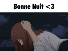 a picture of a man touching a woman 's hair with the words bonne nuit < 3 below it