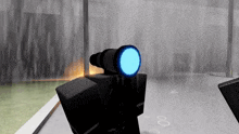 a cartoon character is holding a telescope in a foggy room .
