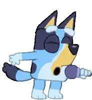 a blue and yellow cartoon dog is singing into a microphone