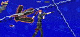 a man is holding a gun in front of a blue background with chinese writing on it