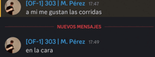 a screenshot of a conversation between m. perez and of-1301