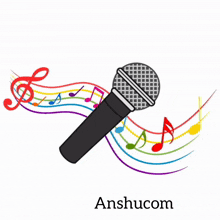 a microphone is surrounded by music notes and the name anshucom is on the bottom