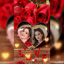 a picture of two women in a heart shaped frame with the word love surrounded by hearts