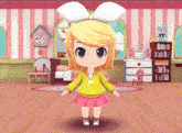 a girl in a yellow sweater and pink skirt is in a room with a clock on the wall