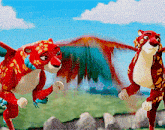 a couple of cartoon animals standing next to each other in a field