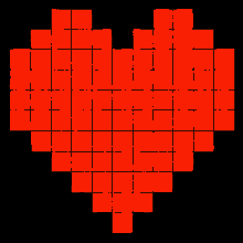 a heart made out of green squares with black lines on a black background
