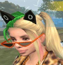 a girl wearing sunglasses and cat ears has a ponytail