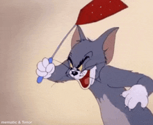 tom from the cartoon tom and jerry is holding a fly swatter in his hand .