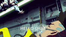 a cartoon of a man laying on the ground with the words hello chat written below him
