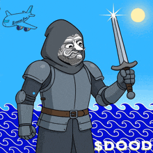 a cartoon drawing of a man in armor holding a sword with the word dood below him