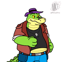 a cartoon alligator wearing a purple hat and a necklace