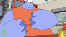 a cartoon character with a big belly is standing in a room with a robot in the background