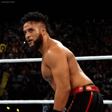 a wrestler without a shirt is standing in a wrestling ring .