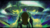 a cartoon character is standing in front of a green and purple background