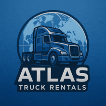 a logo for atlas truck rentals with a semi truck and globe