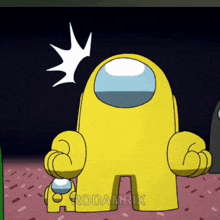 a cartoon of a yellow among us character with rodamrix written on the bottom