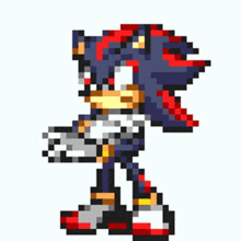 a pixel art of shadow the hedgehog from sonic the hedgehog is flying through the air .