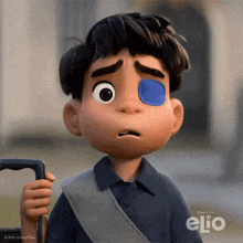 a cartoon character with a blue patch on his eye is holding a cell phone .
