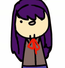 a cartoon character with purple hair and a red bow