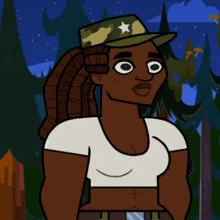 a cartoon of a woman wearing a camouflage hat with a star on it
