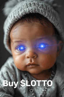 a baby with glowing blue eyes and the words buy $ lotto below it