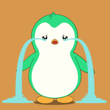 a green and white penguin is crying and water is pouring out of its eyes