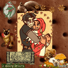 a picture of a man holding a woman with the words bloody irises on the bottom right
