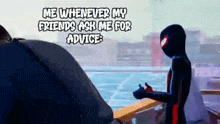 a man in a spiderman suit is talking to another man .