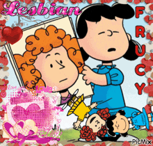 a cartoon of lucy holding a picture of a lesbian