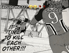 a soccer player with the number 9 on his back is talking to another player