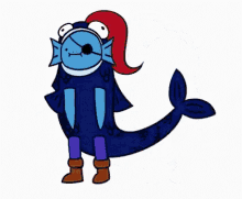 a cartoon of two fish standing next to each other with a long tail .