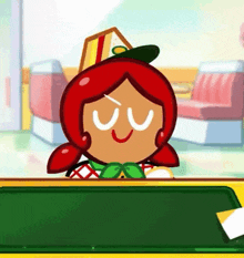 a cartoon character is sitting at a table in a diner wearing a hat .