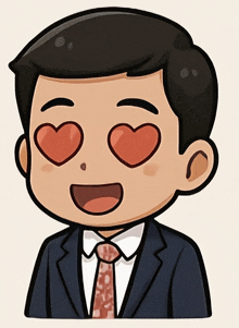 a cartoon of a man in a suit and tie with hearts in his eyes