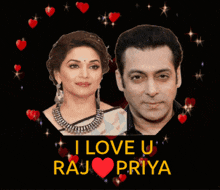 a picture of a man and a woman with the words i love u raj priya above them