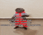 a monkey in handcuffs is wearing a red and grey outfit
