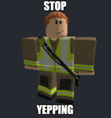 a cartoon character with the words stop yepping written on it