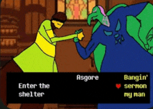 a cartoon of a man and a monster shaking hands with the words enter the shelter on the bottom
