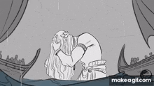a black and white drawing of a man in a boat covering his face with his hand .