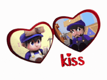 two hearts with cartoon characters and the word kiss on it