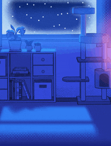 a drawing of a room with a cat tree and a window