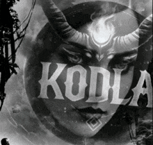 a black and white image of a woman with horns and the word koda on the bottom