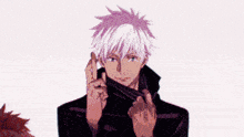 a couple of anime characters are standing next to each other in front of a purple and black background .