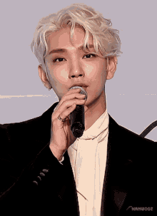 a close up of a man holding a microphone with hanwooz on the bottom