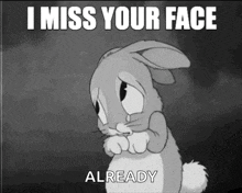 a black and white rabbit with the words i miss your face already