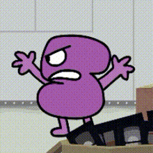 a cartoon character with a purple head and arms is standing next to a box and looking angry .