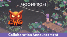 a collaboration announcement for moonfrost with an owl and a girl