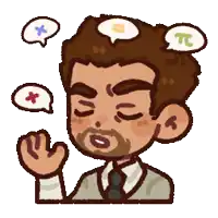 a cartoon drawing of a man with speech bubbles around his head including one that says tc