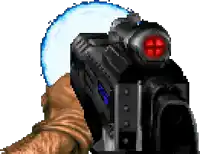 a pixel art of a gun with a red cross on the lens