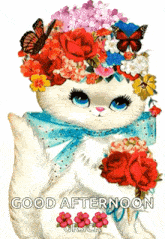 a cat with flowers on its head and a butterfly on its head says good afternoon .