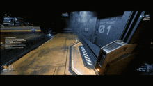 a video game screen shows a hanger bay exit point numbered 01